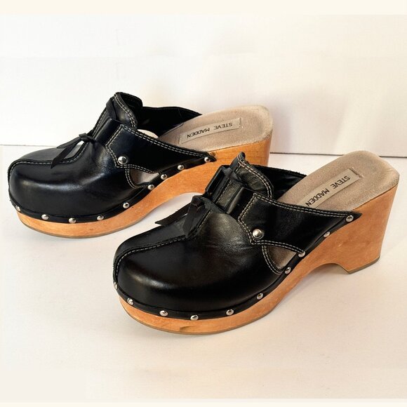 Vintage Steve Madden Black Leather Platform Clogs. Size 8. - Picture 3 of 15